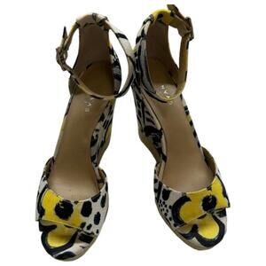 Canvas wedge heel shoes yellow, black, white open toe strap around back